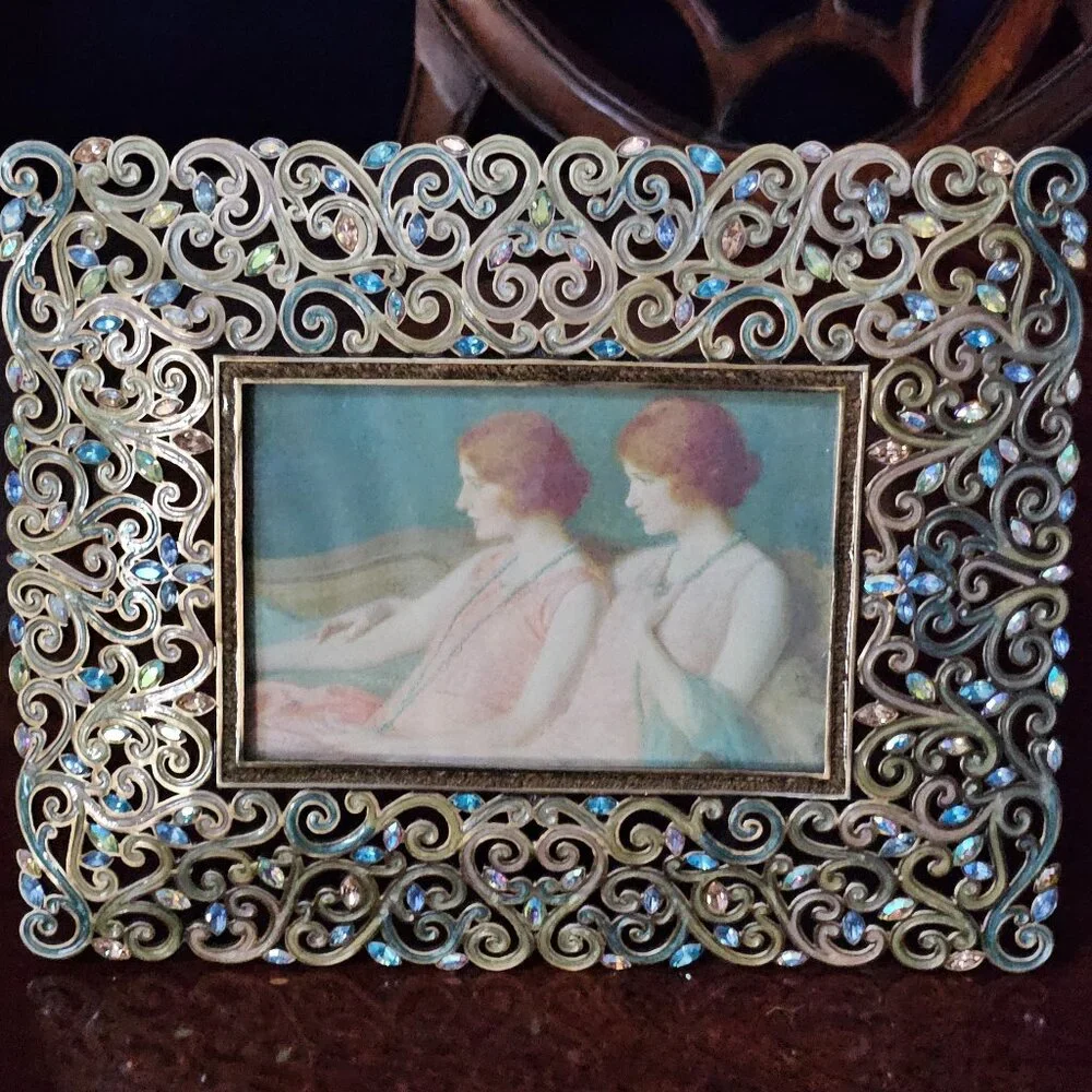 RARE JAY STRONGWATER ORNATE SCROLL ART DECO MARQUIS JEWEL CRYSTAL ENAMEL FRAME